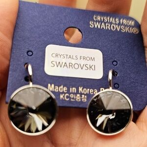NEW! Swarovski Element Crystal Dark Gray 13mm Leverback Round Earrings. …